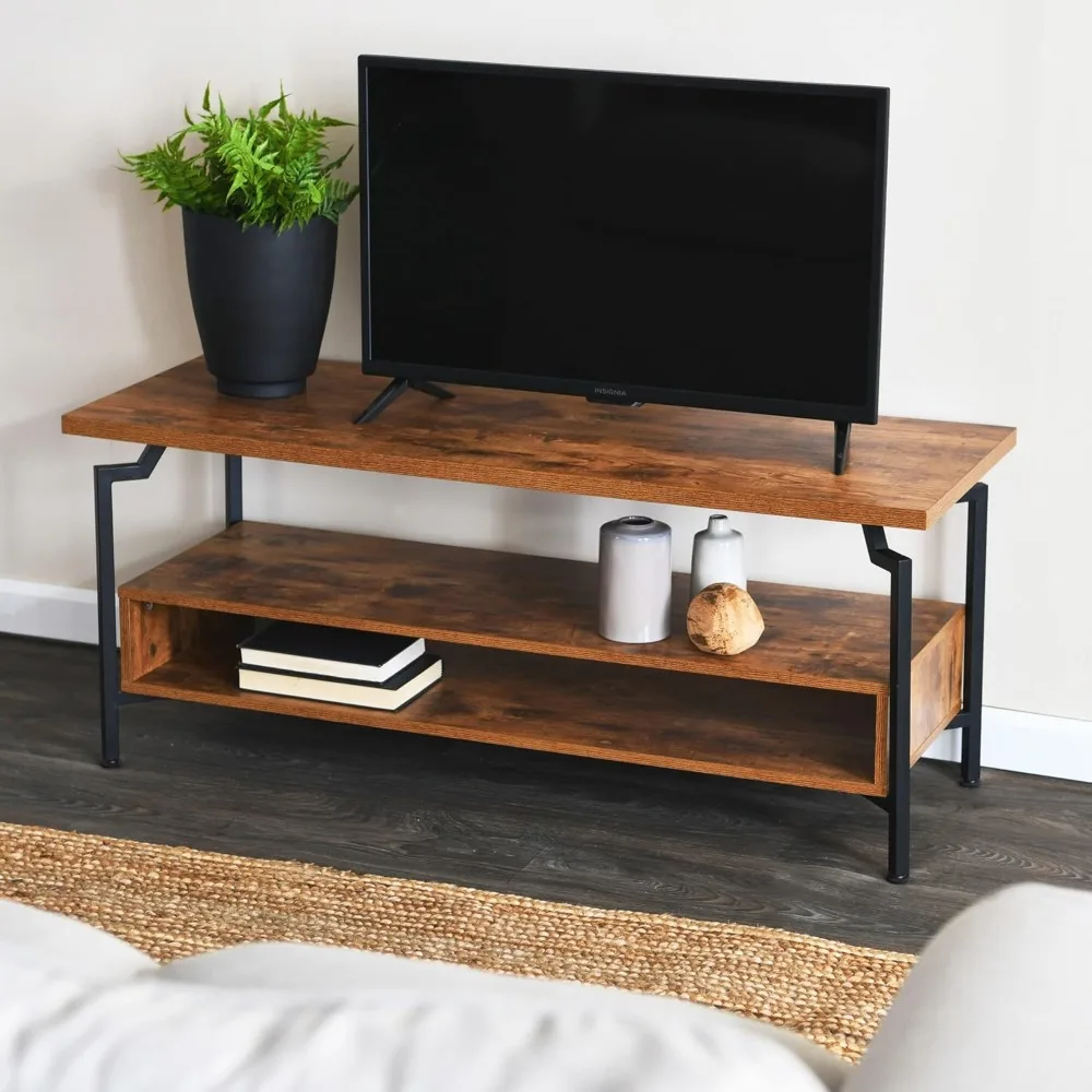 Crown TV Stand with Rectangular Storage Compartment Rustic Hickory Wood Grain and Black Metal