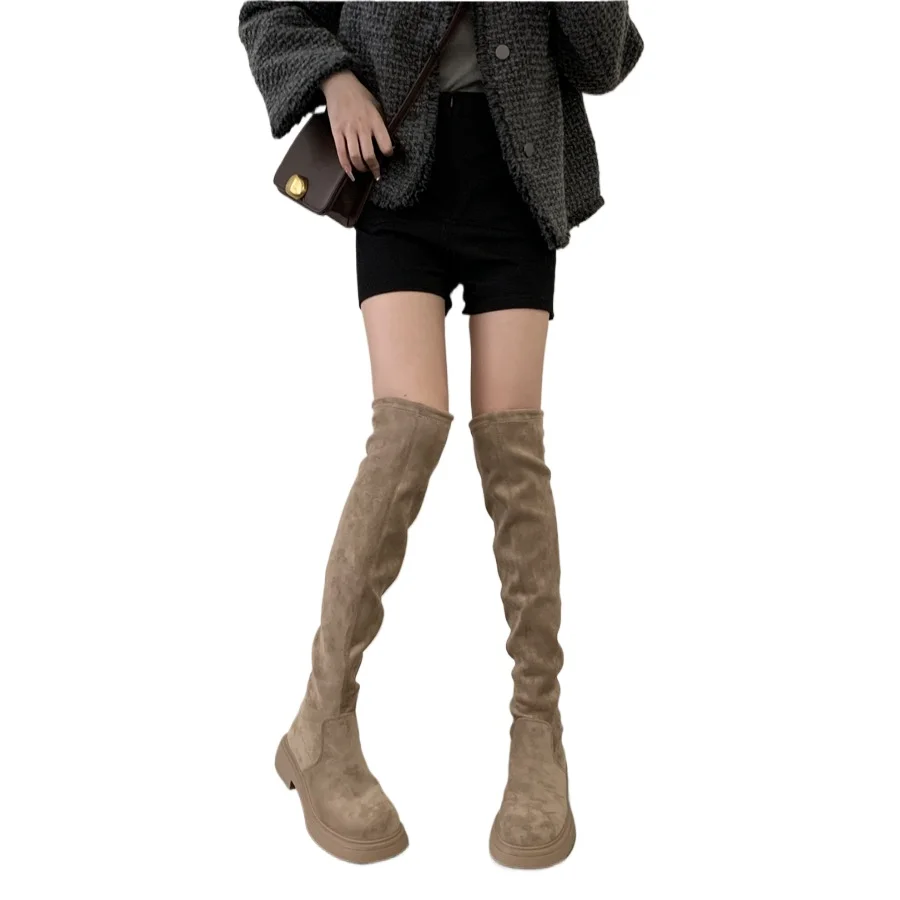 Over The Knee Cowboy Boots Women Design Platform Shoes Fashion Fur Suede Wedges Tnick High Boots Motorcycle Shoes Botas De Mujer