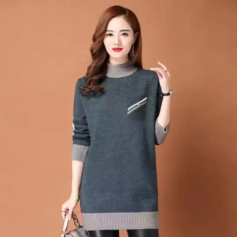 

Thickness Autumn Winter New Versatile Wool Warm Knit Casual Sweater Women's Medium Long Base Sweater with Added Velvet Thick