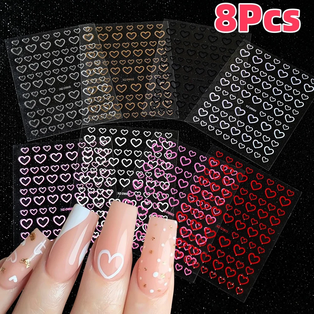 8Pcs 3D Liebe-Herz Nagel Aufkleber Aushöhlen Süße Liebe Selbst-klebe Nagel Aufkleber Valentinstag Herz DIY Maniküre Dekorationen