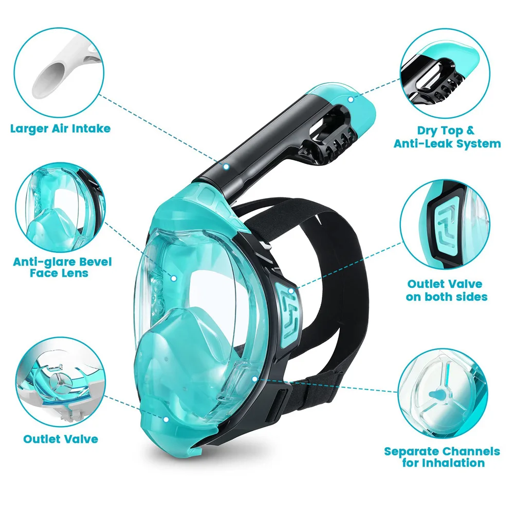 Full Face Snorkel Mask with Latest Dry Top Breathing System Detachable Camera Mount for Adults Panoramic View Anti-Leak Anti-Fog