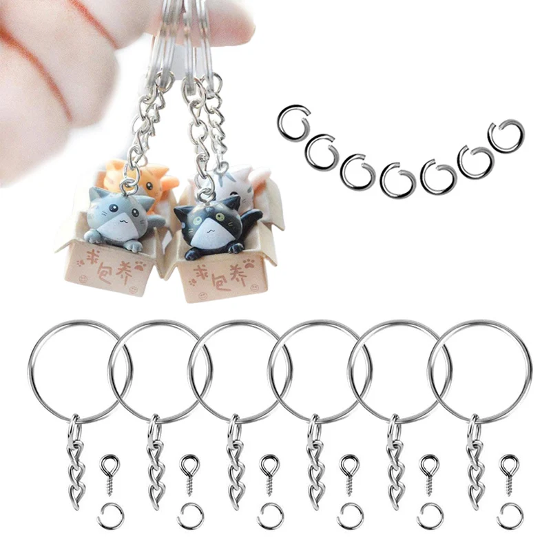 【Y】150Pcs Key Ring With Chain Split Jump Rings With Screw Eye Pins DIY Keychain