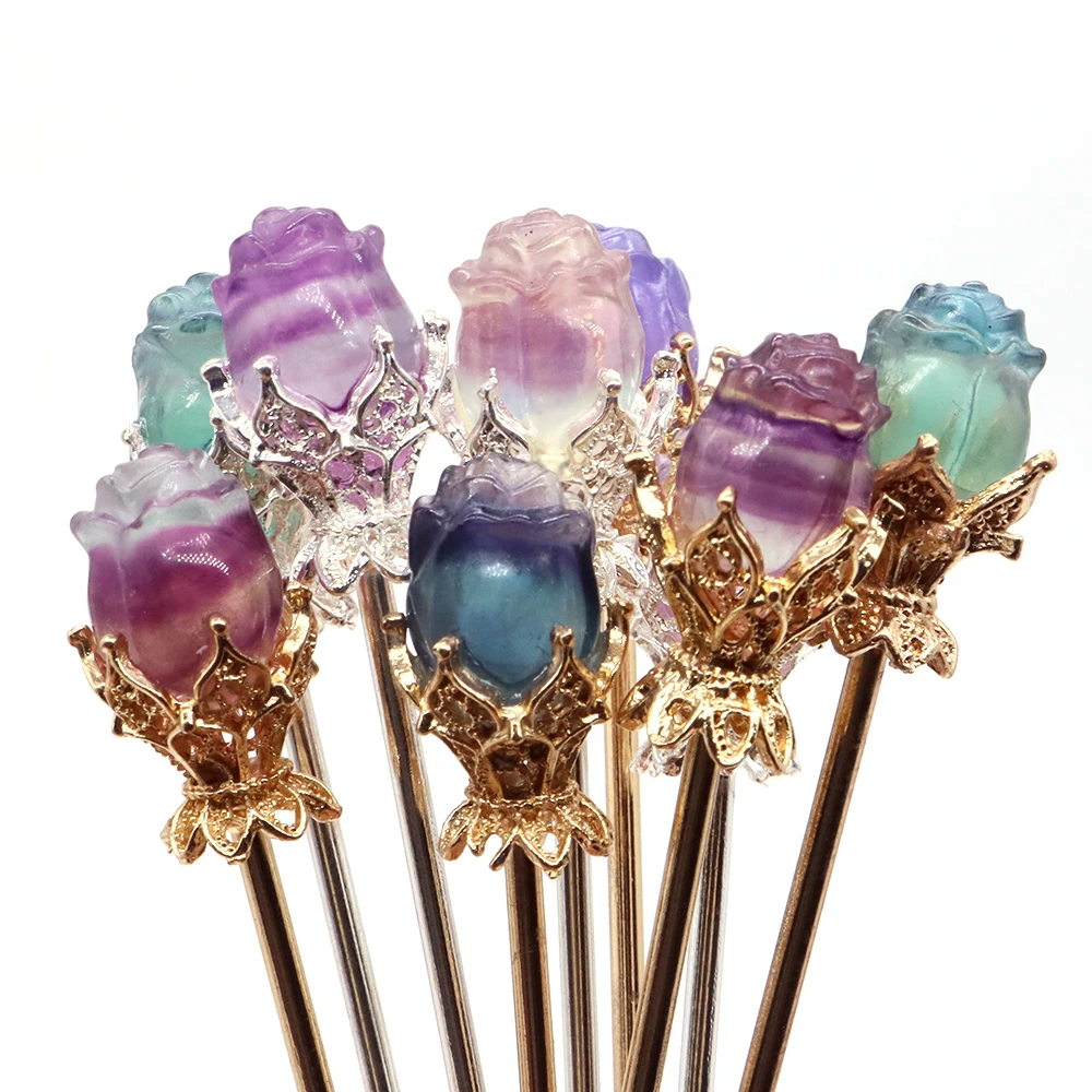 Exquisite Rose Vintage Hair Sticks Hairwear Natural Fluorite Crystals Flower Carving Gem Hairpin Disk Hairsticks Headdress Gifts