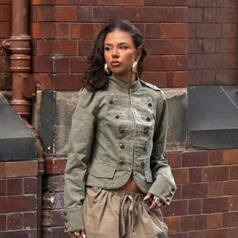 

2026 New British Vintage Olive Green Military Jackets Trendy Long Sleeved Stand Collar Jacket Y2k High Quality Versatile Outwear