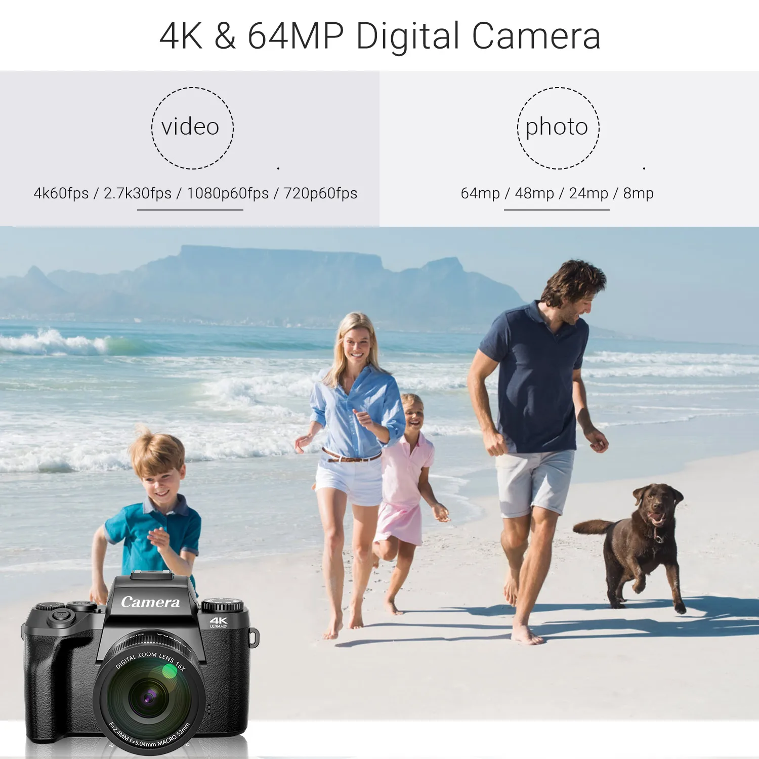 كاميرا رقمية 4K 64MP للتصوير الفوتوغرافي ومدونات الفيديو WiFi مع غطاء عدسة فلاش أمامي وخلفي كاميرا تعمل باللمس 4 بوصة