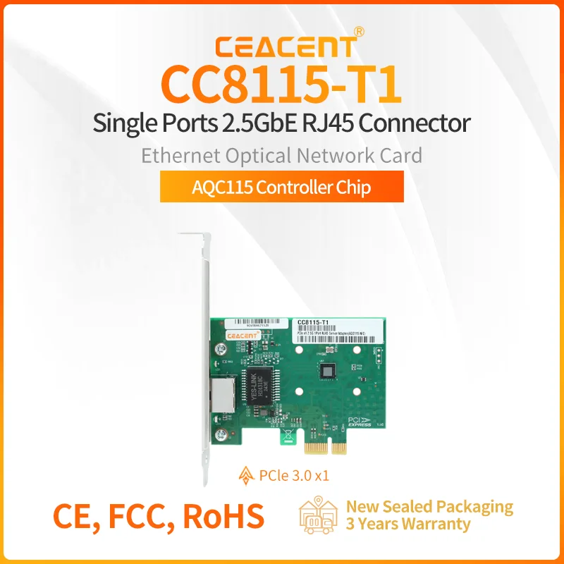 

CEACENT CC8115-T1 Marvell AQC115 Chipset Single-port 2.5G RJ45 PCIe 2.0 x1 Network Adpater