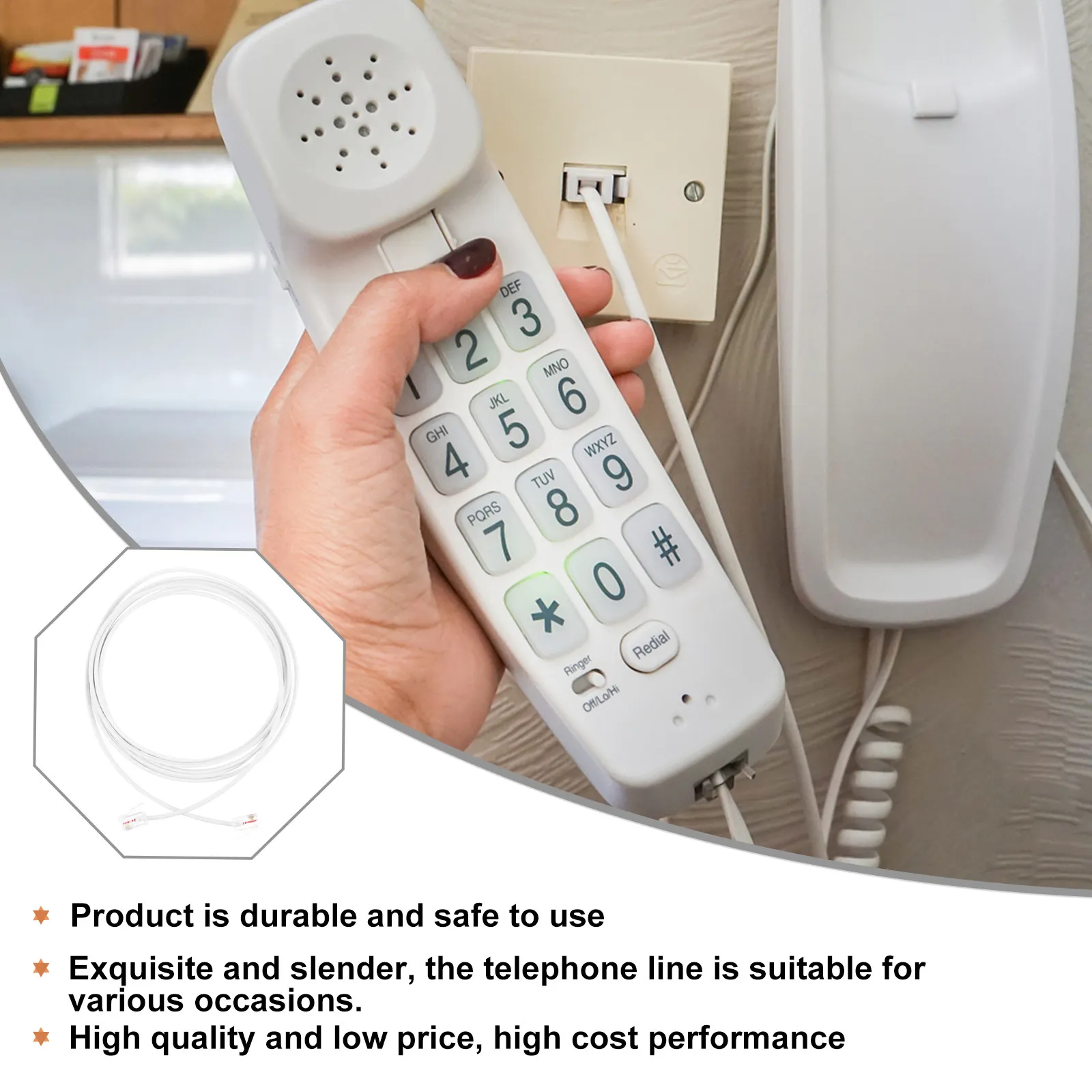 2m Telephone Wire 2-Core Rj11 Plug High Purity Copper Noise-Free Connection Cable for Landline Accessories