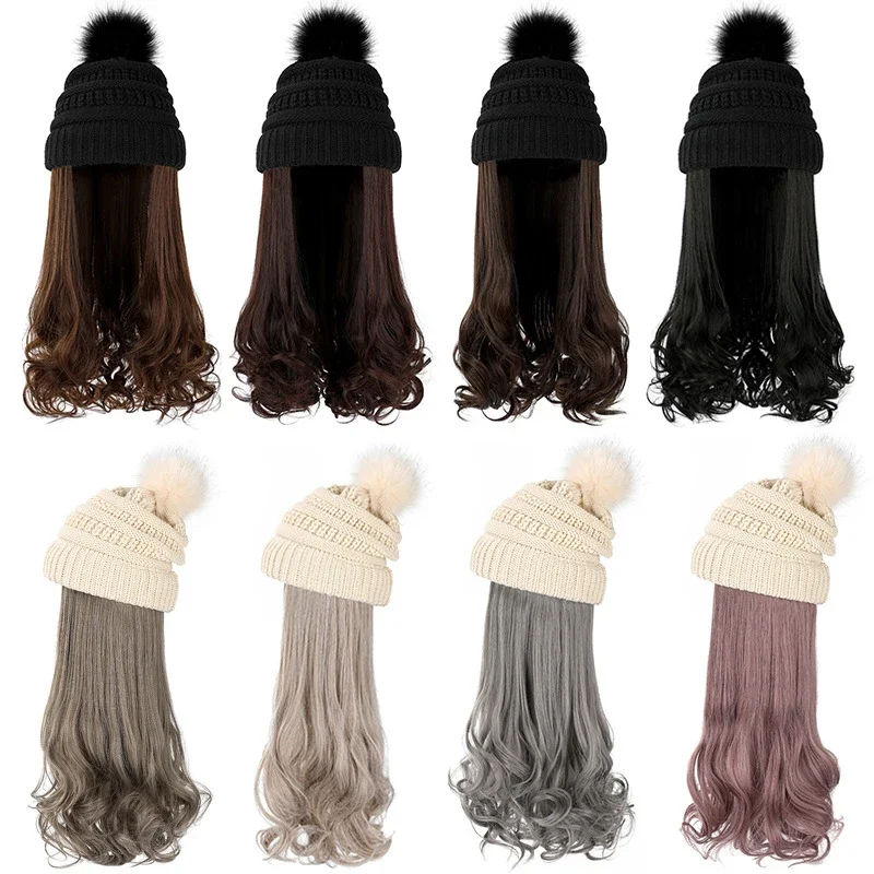 LANLAN Synthetic Long Wavy Knitted Hat Wig Natural Black Wigs Fashion Autumn Winter Cap Hair Wig Hair Extensions 2021