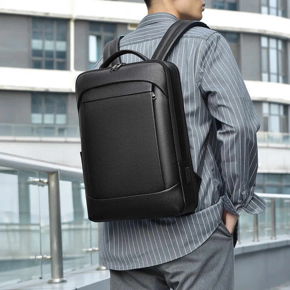 100% Genuine Leather Backpack Men 15.6 Inch Laptop Backpack USB Charge Anti-Theft Waterproof Large Capacity Male Travel Bags sac