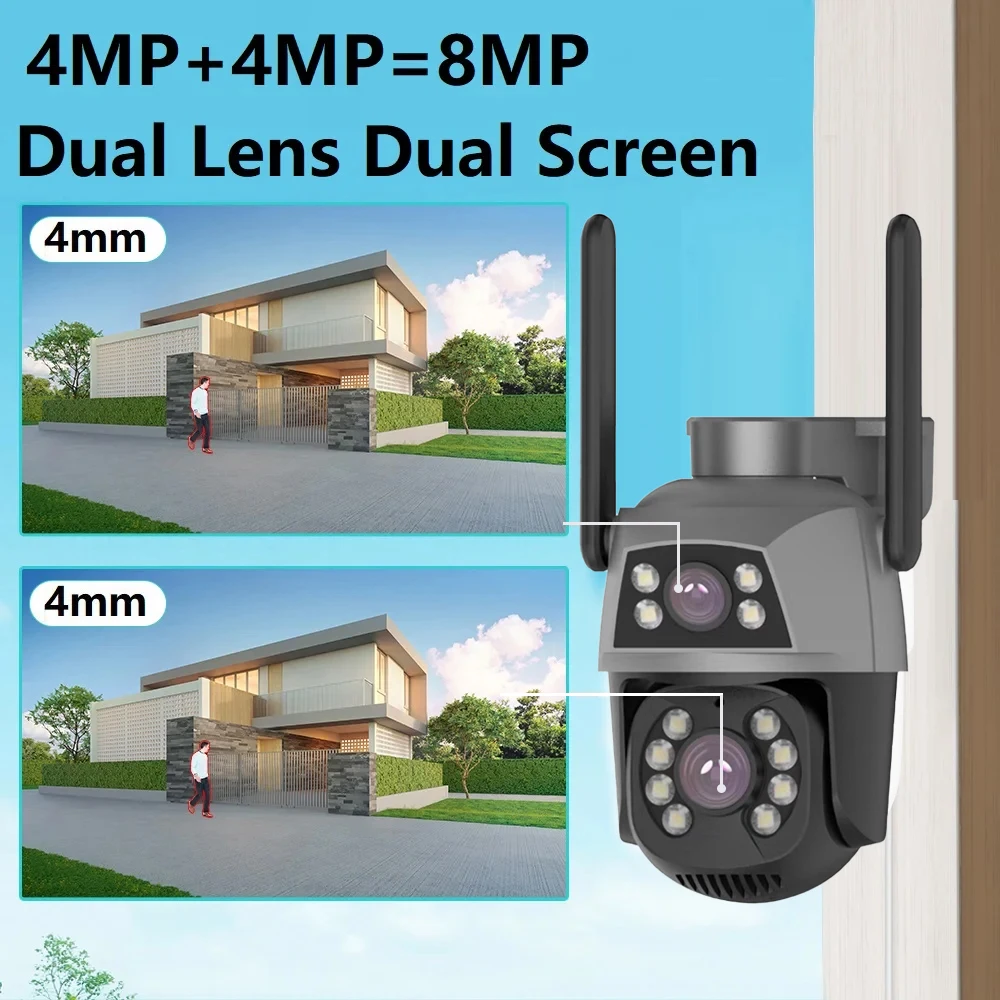 4K 8MP PTZ WIFI Camera Dual Lens Dual Screen 4X Digital Zoom IP Camera Auto Tracking Outdoor Home CCTV Surveillance Camhipro