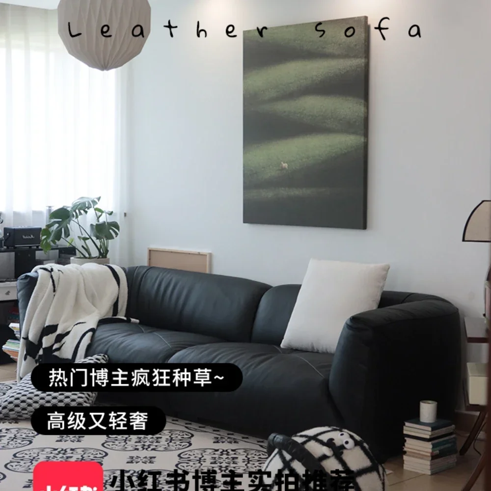 Leather Sofa Minimalist First Layer Cowhide Light Luxury Modern Black Small Apartment