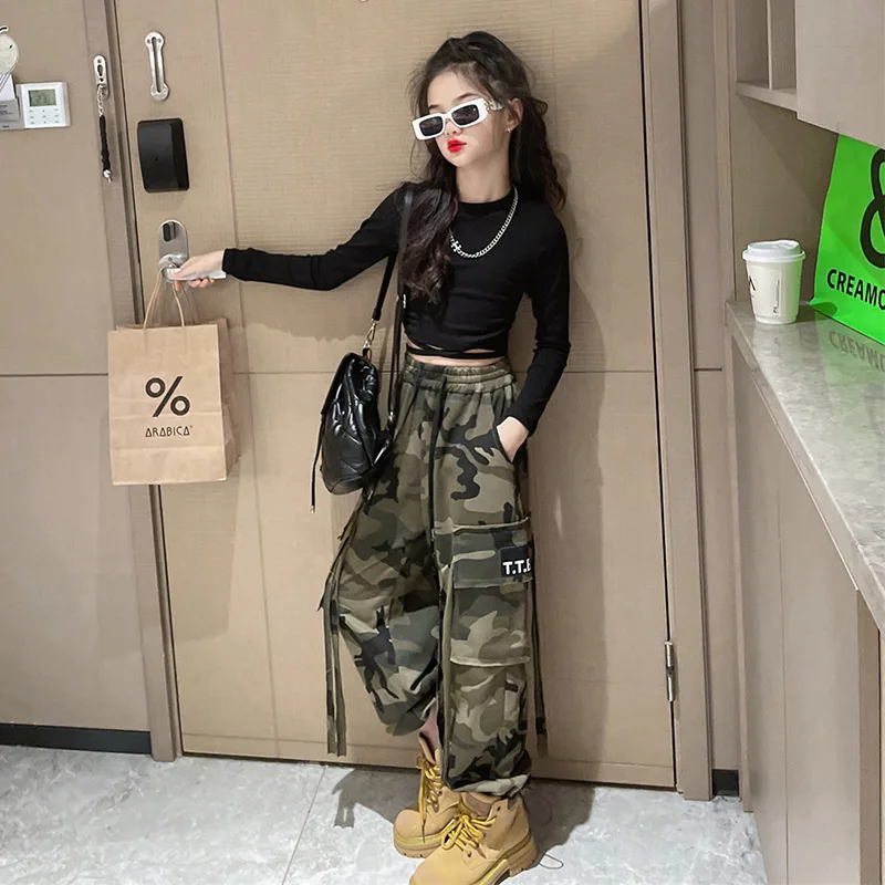 Girls Camouflage Pants Kids Fashion Casual High Waisted Wide Leg Pants 2026 Spring Fall Clothes Teen Girl Trousers 8 10 12 14Y