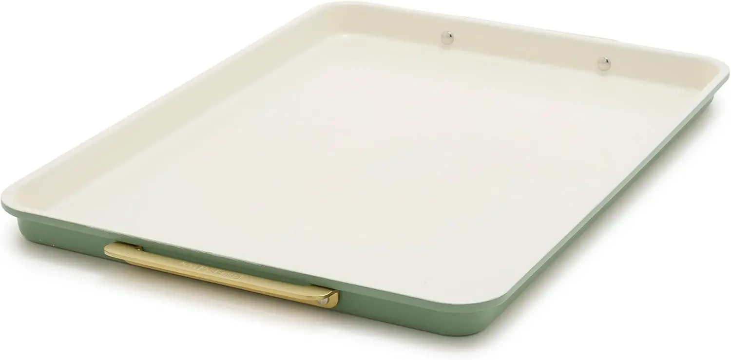 

13x18 inch Ceramic Nonstick Baking Sheet Pan, PFAS & BPA Free, Gold Handles, Durable Steel Ovenware
