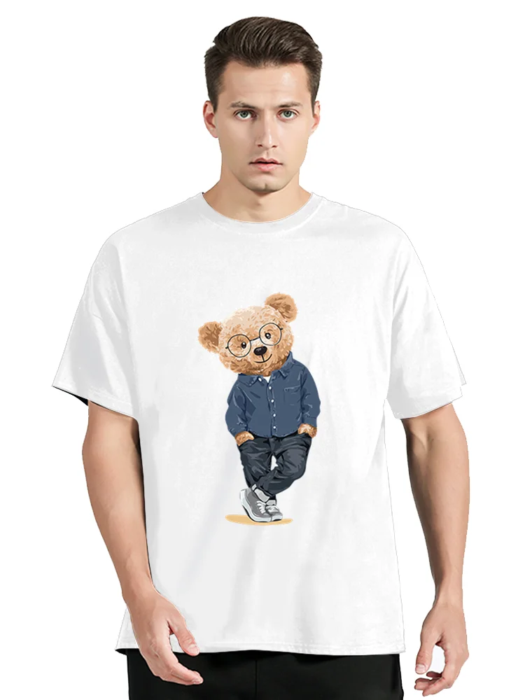 Gentleman Mr. Teddy Bear Nice Guy Prints Men Cotton T-Shirt Loose Oversized Clothing Casual Breathable Tees