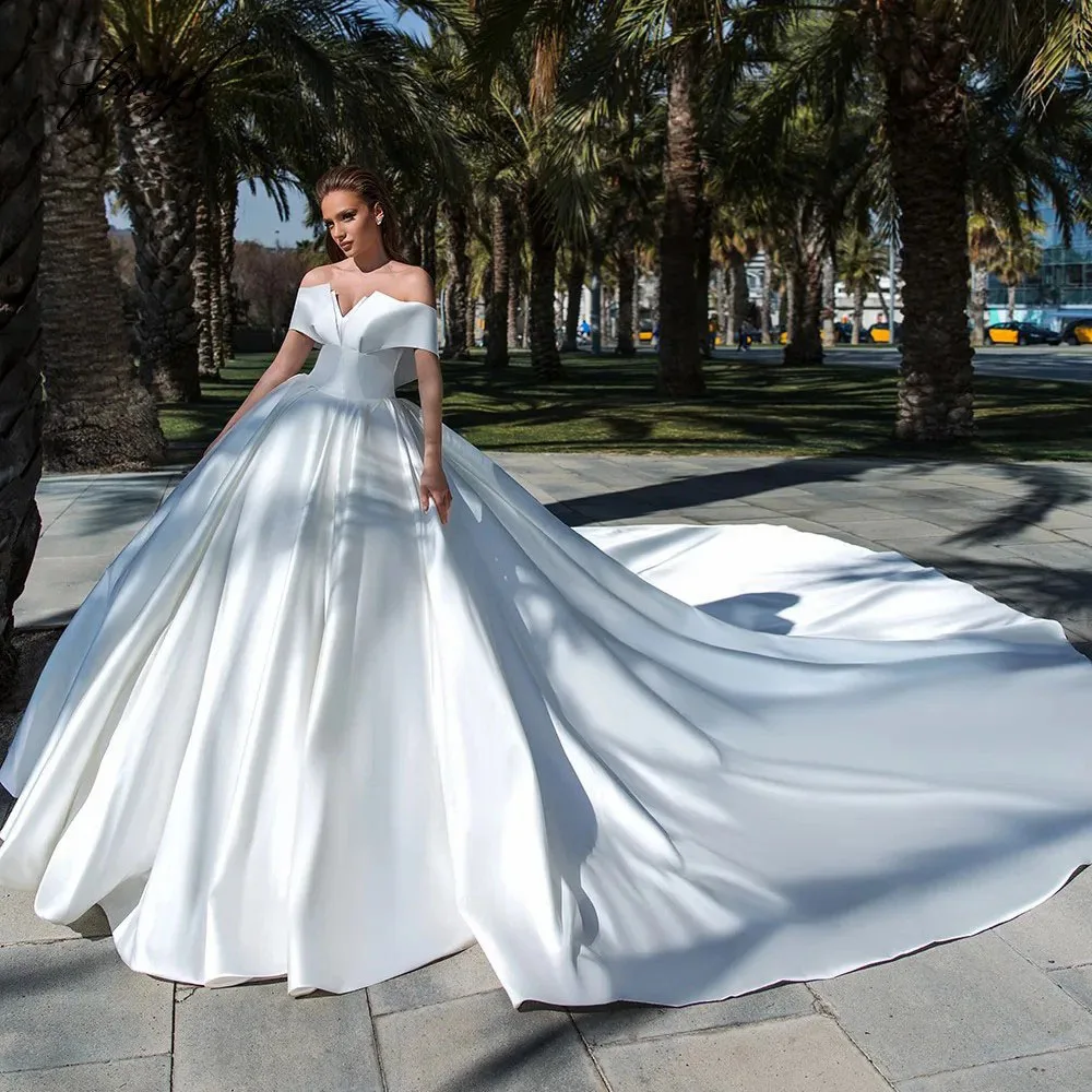 

Msikoods Elegant Matte Satin Ball Gown Wedding Dresses 2024 Off The Shoulder Women Princess Party Bridal Gowns Train Bride Dress