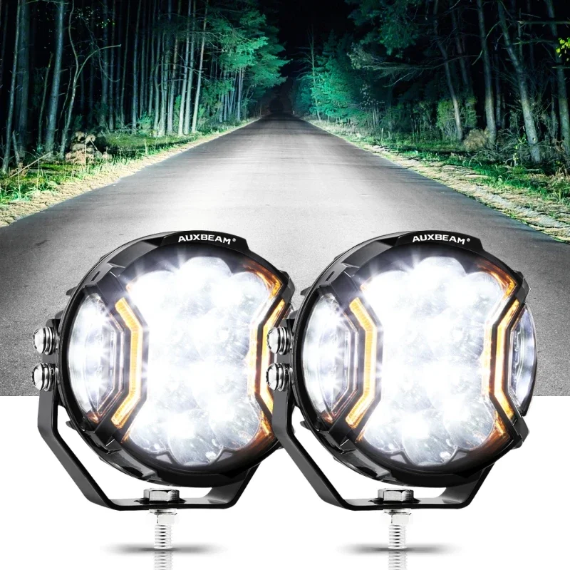 1pair 5Inch LED Light Pods Round Amber / White Work Lights Driving Lamps Double Side Shooter Lighting with Amber DRL