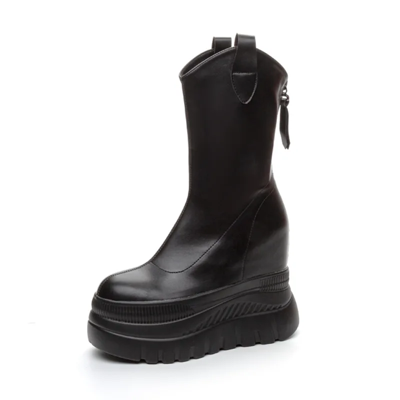 

12cm New Microfiber Leather Women High Brand Pumps Heels Black Shoes ZIP Increase Casual Ankle Boots Platform Wedge Shoes