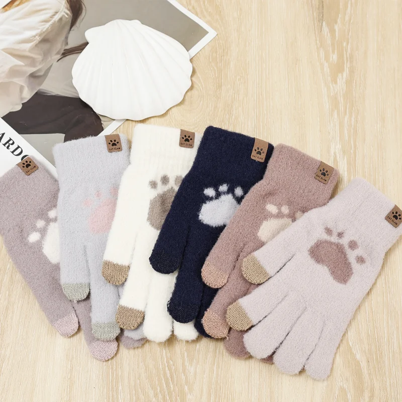 Women Cute Heart Gloves Fluffy Plush Gloves Winter Full Finger Gloves Love Heart Thick Mittens Girls Warm TouchScreen Glove