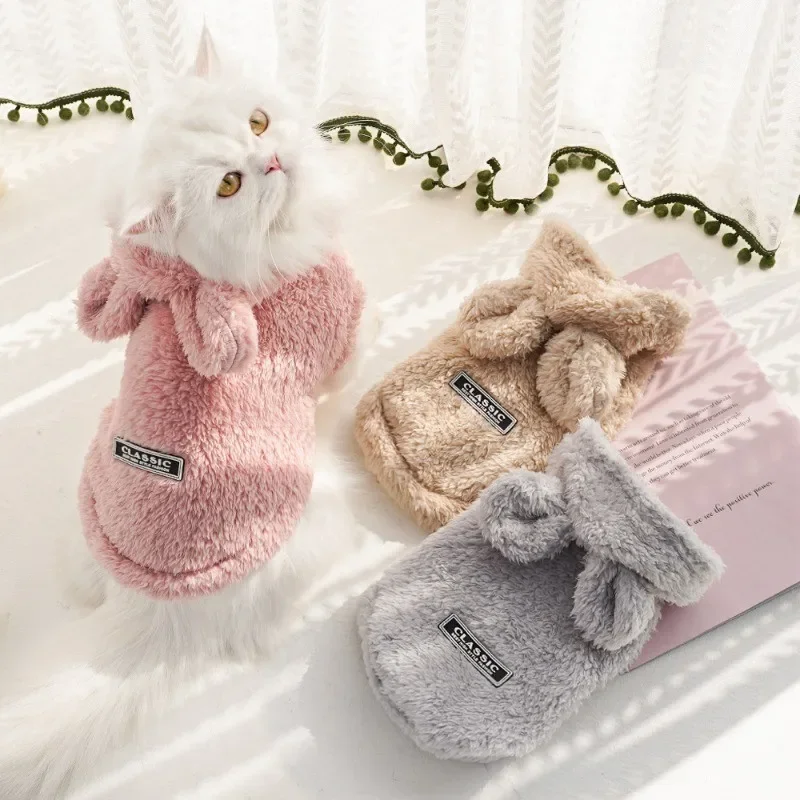 Flannel Cotton Coat for Pet, Soft Cotton Wool Material Warm and Comfortable Cute Cat Clothing Rabbit Ears Puppy Coat Autumn and