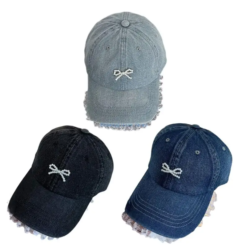 

652B Stylish Pearls Bows Fabric Baseball Caps Sunproof Hat for Women with Lace Trim