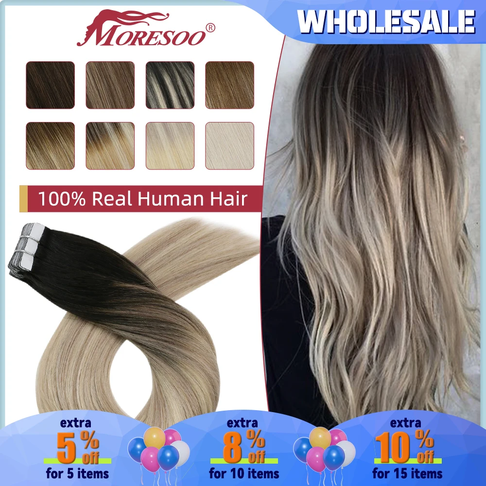 

Moresoo Tape in Human Hair Extensions 100% Real Hair Remy Brazilian Hair 14-24inch Straight Natural Adhesives Tape in Extensions