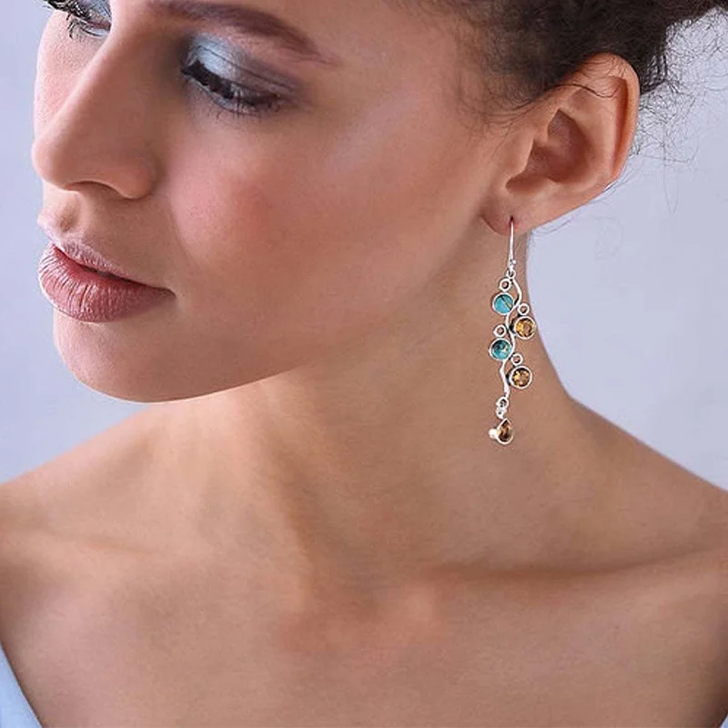 Vintage Green Stone Earrings Women's Silver Color Leaf Zircon Tassel Dangle Earrings Bride Party Jewelry Accessories