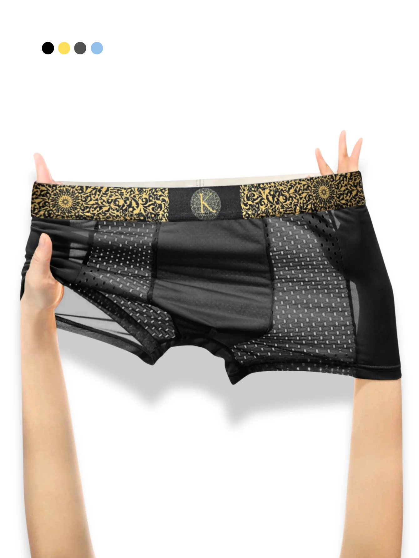 

1PC Men's Mesh Ice Silk Boxer Shorts - Luxury Retro Gold Print, Quick-Dry Breathable Underwear, Plus Size Available