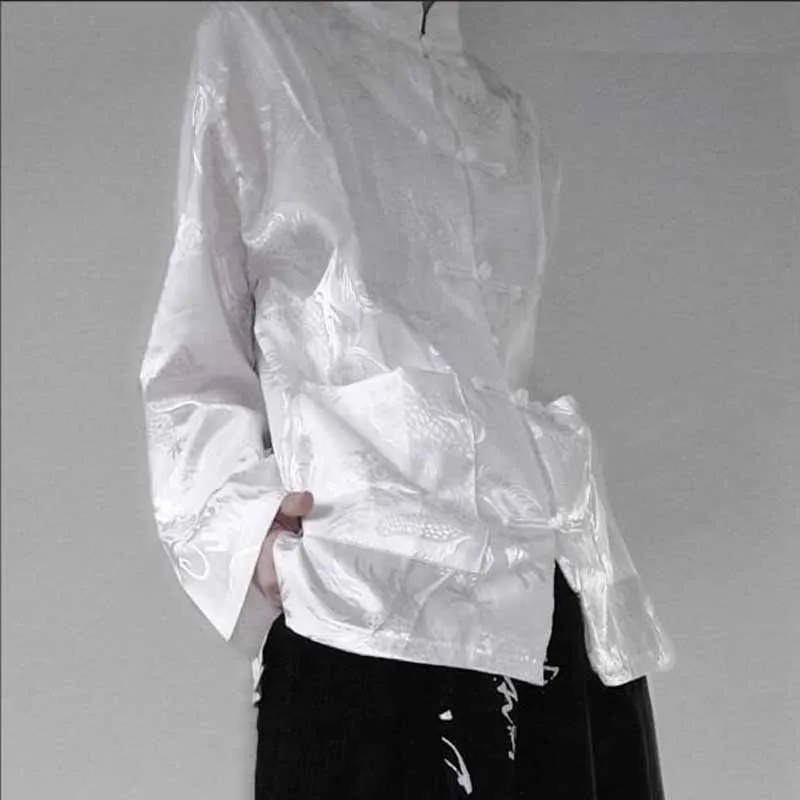 Men New Chinese Style Satin Jacquard Shirt Mandarin Collar Long Sleeve Loose Tang Suit Top Dragon Phoenix Cloud Pattern