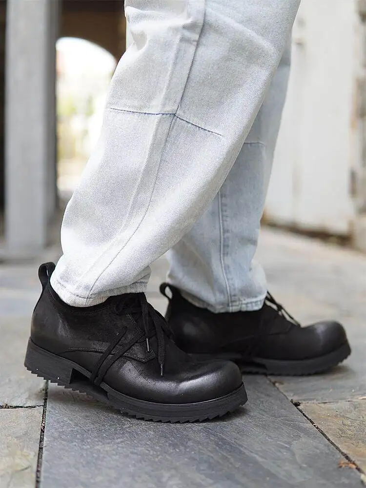 New Design Men Thick-Sole Derby Shoes Vintage Genuine Leather Low-Top Lace-Up Leather Shoes