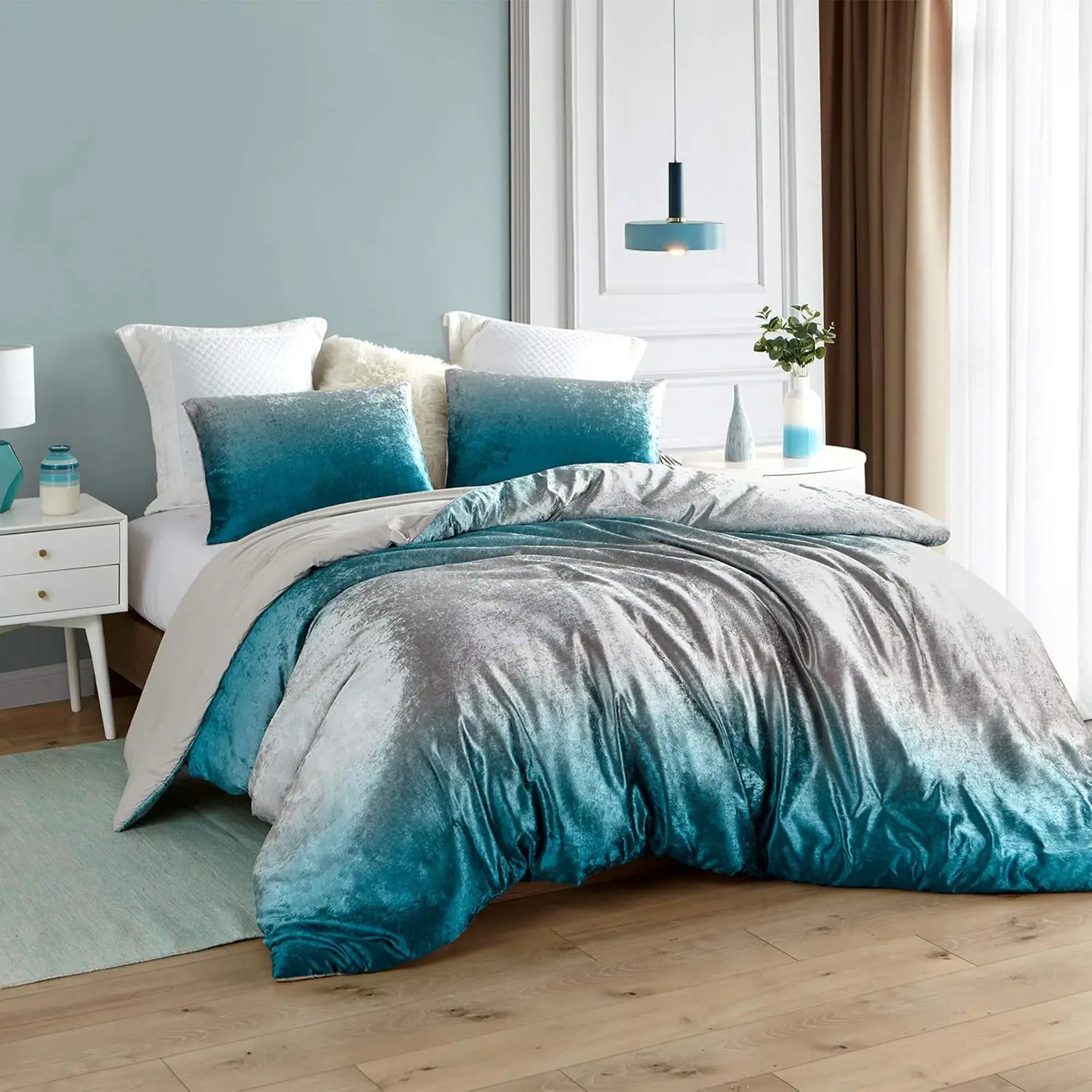 

Ombre Velvet Crush - Coma Inducer King XL Comforter - Ocean Depths Teal/Silver Gray Duvet cover superking Quilt cover Sheet sets