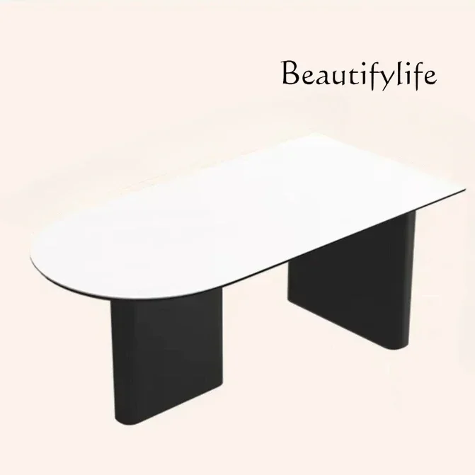 

New pure white rock slab semicircular island dining table integrated household size apartment high-end oval dining table