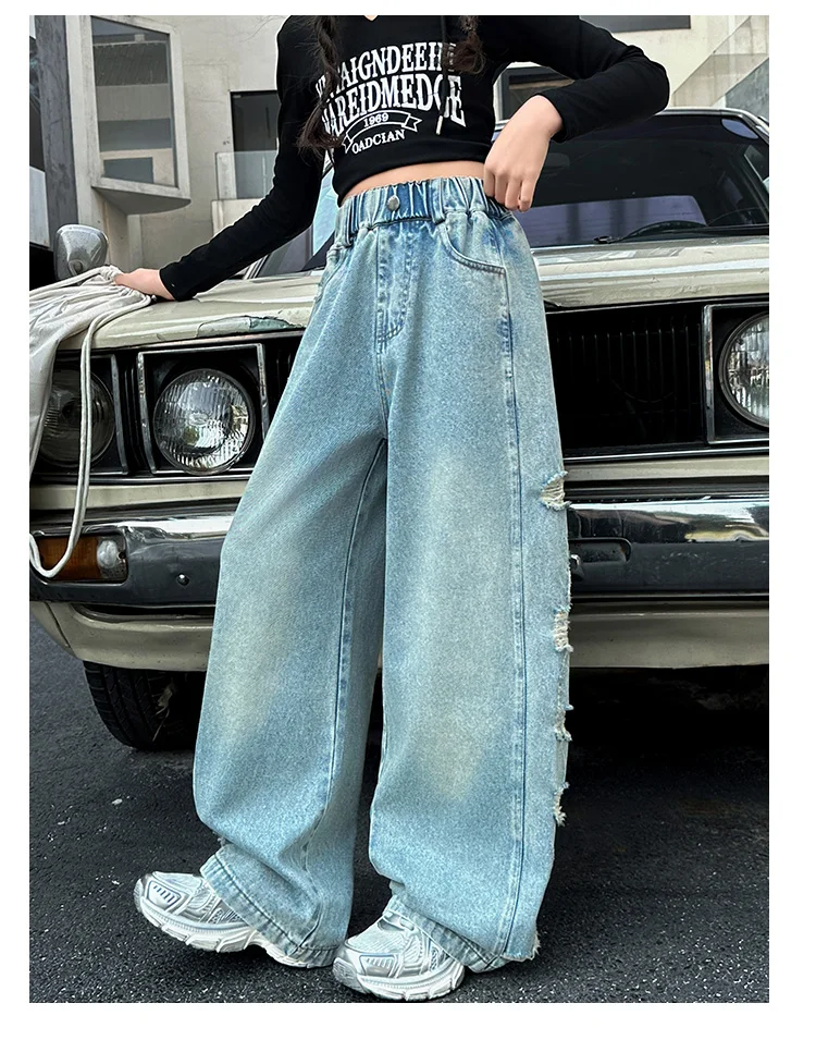 Neue, stylische Jeans für Kinder mit weitem Bein, Used-Look und seitlichen Löchern, für Mädchen, zerrissene Denim-Hosen, Alter 5-14 Jahre. – Detail 5