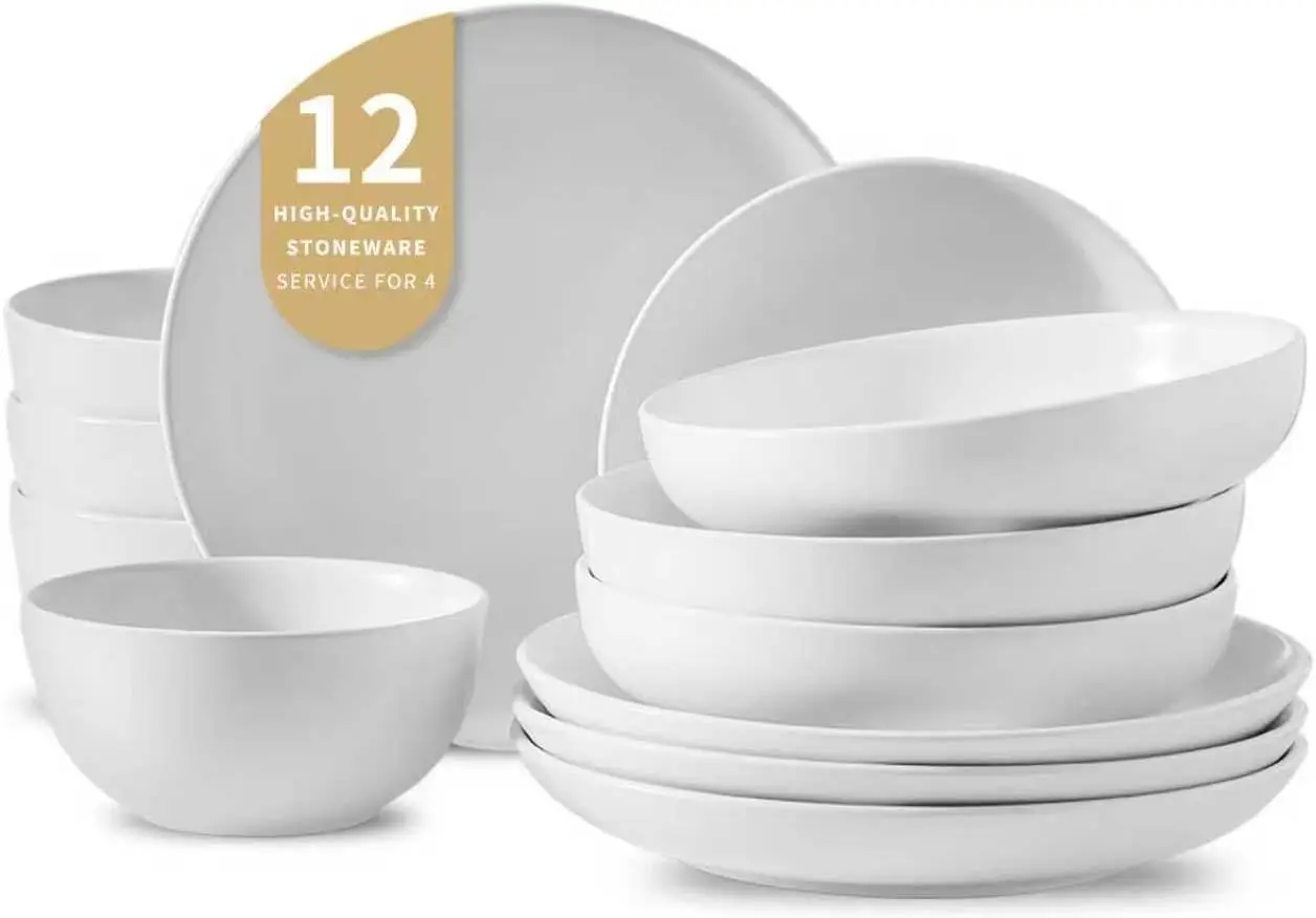 

Stoneware plates and bowls sets, 12 Pieces Dinnerware Sets, Dishes Set for 4,Kitchen Essential of Scratch-Resistant Ceramic Plat