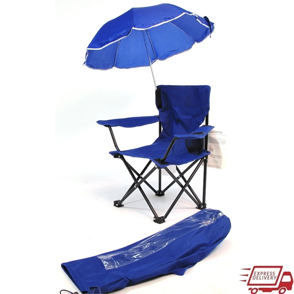 

Kids Folding Camp Chair with Umbrella Shade Portable Tote Bag Cup Holder Durable Steel Frame Heavy Duty Polyester Kids Outdoor