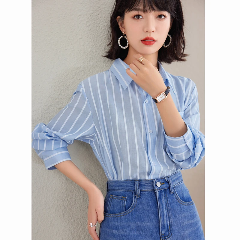 Ladies Korean Fashion Casual Stripe Shirts Blouse Women Tops Woman Button Up Shirt Female Girls Long Sleeve Blouse BPyA2043