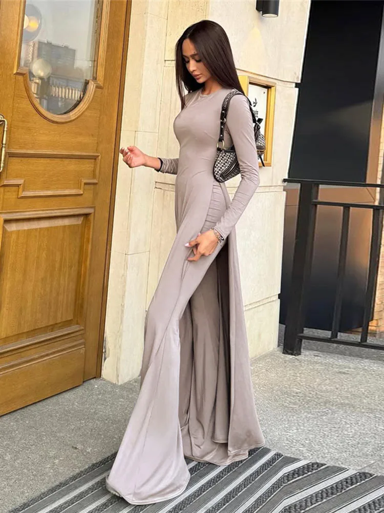 

Macheda Casual Simple 2 Piece Set Women o-Neck Skinny Full Sleeve Splits Maxi Dress+Straight Pants Street Fashion Elegant Set