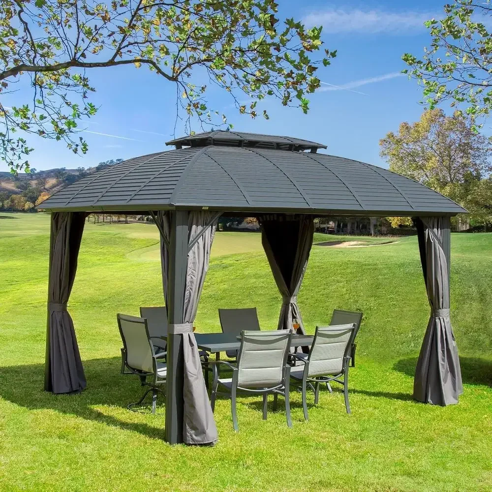 Domi Outdoor Gazebo 10'x12', Permanent Hardtop Gazebo with e or Patios Deck Backyard, Galvanized Steel Double Roo, Curtains and