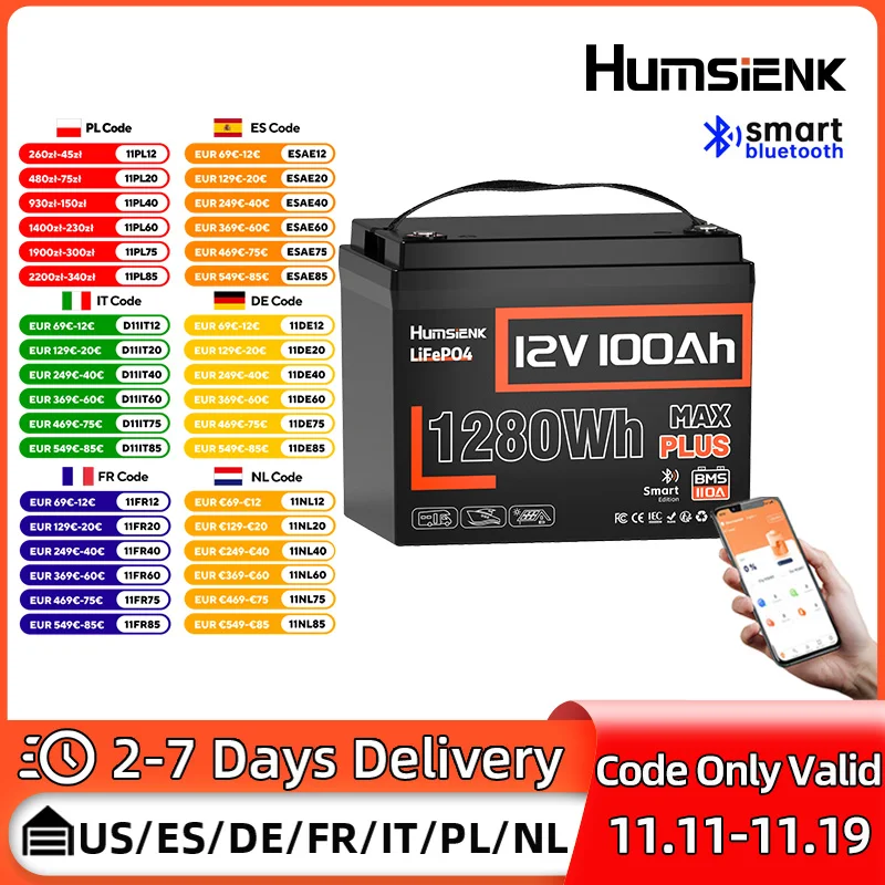 Humsienk LiFePO4 12V 100Ah batterie avec 110A BMS 8000 Cycles pour RV/fourgonnettes/Camping/pêche/hors réseau/bateau/système solaire