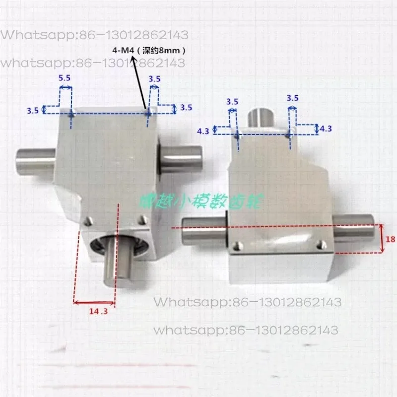 Compact 90-degree coaxial dual-output 12mm angle gear with a 1:1 reduction ratio helical bevel gearbox