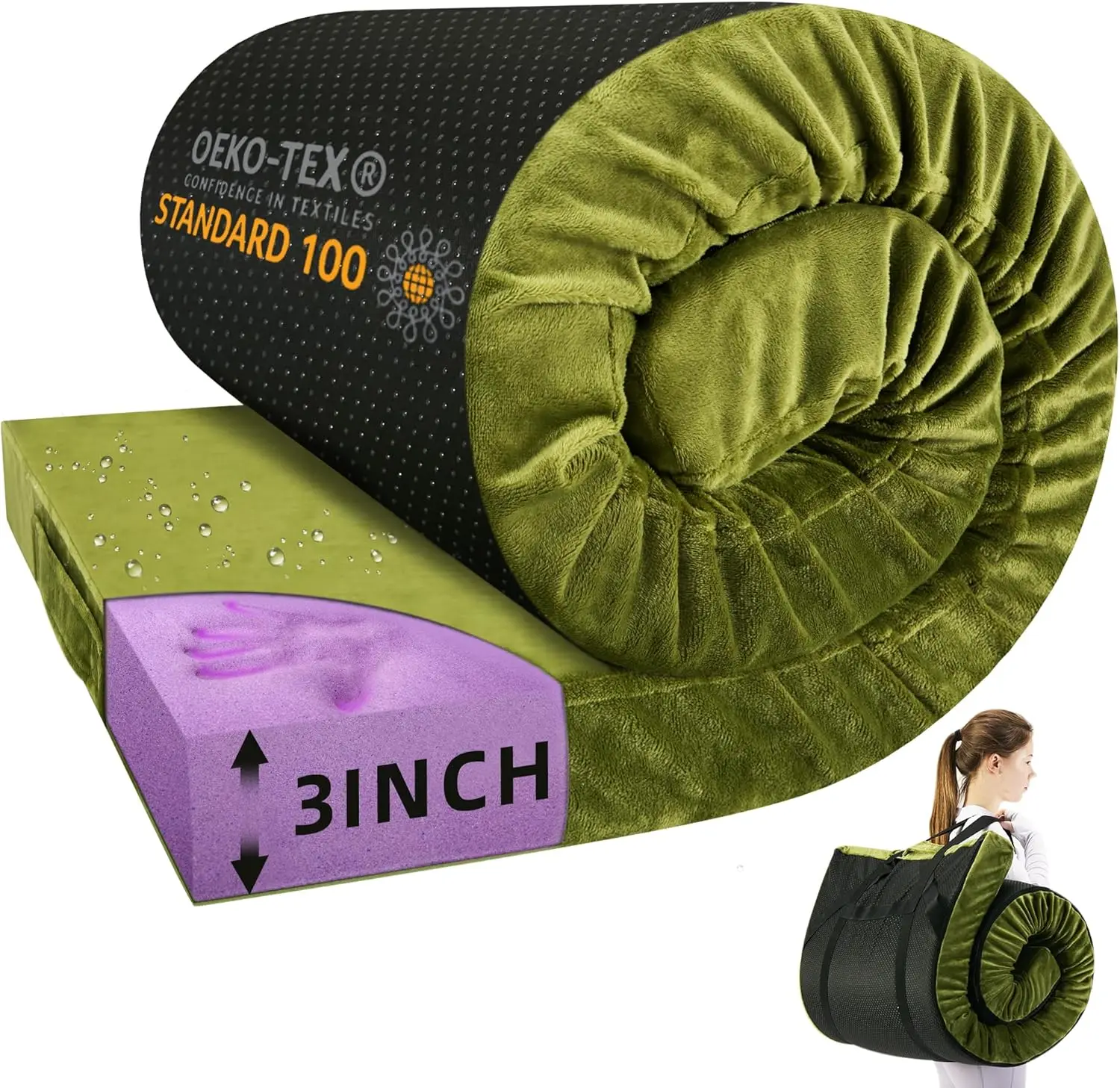 Colchão de acampamento de espuma viscoelástica à prova d'água de 3 polegadas - Tapete de dormir portátil enrolável para viagens, barraca, carro, piso de hóspedes e berço