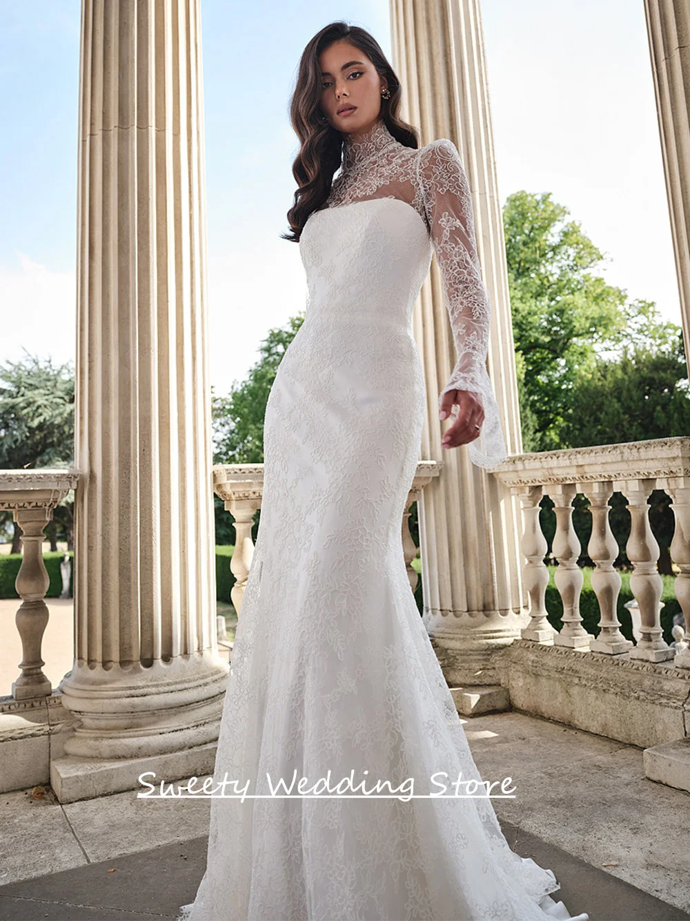 Abiti da sposa moderni a sirena in pizzo personalizzati collo alto maniche lunghe Sweep Train abito da sposa arabo Vestido Noiva