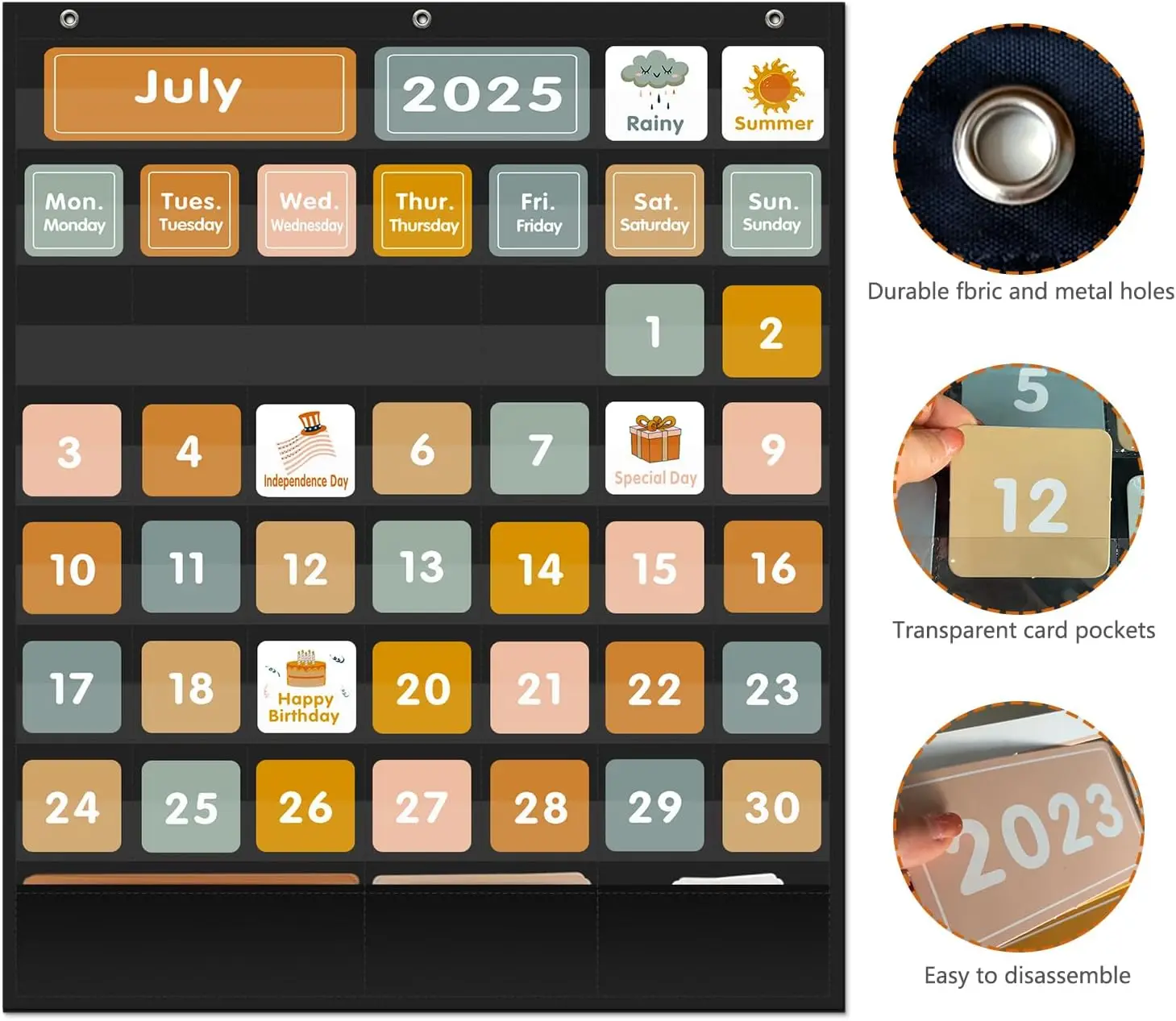 Kalender Boho besar, bagan saku untuk kelas dengan kartu kalender Bulanan dan cuaca grafik saku hitam untuk rumah Sekolah