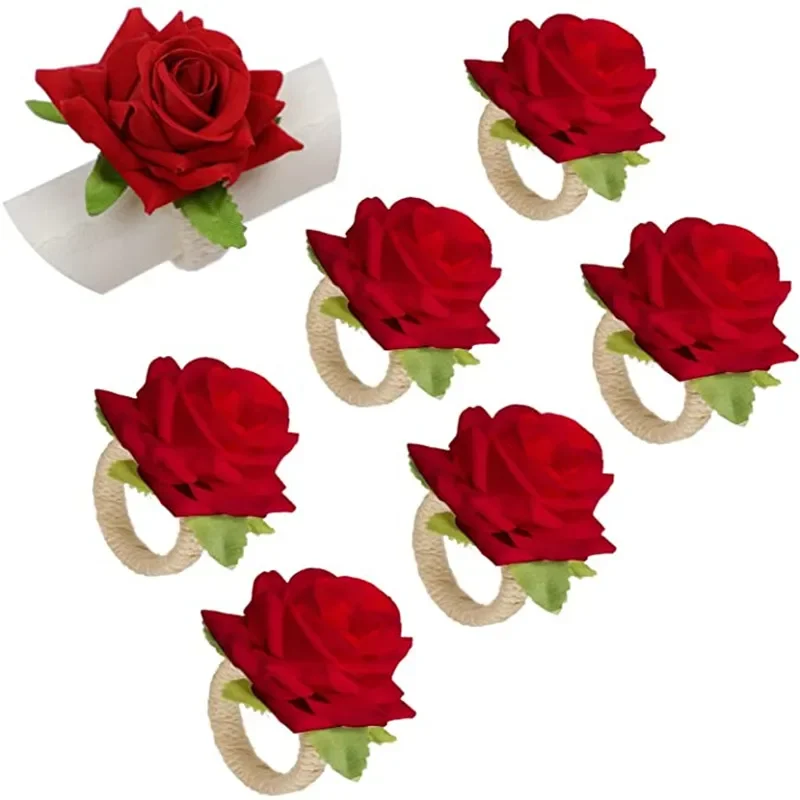 6pcs Red Rose Shape Handicraft Towel Buckle Napkin Ring Wedding Party Valentine\'s Day Hotel Table Decor Metal Gold Napkin Holder