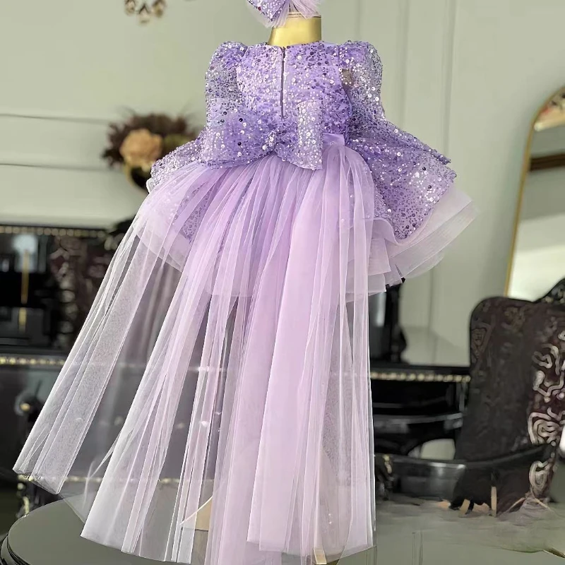 2026 Children Long Sleeve Sequin Princess Dress Kids Train Tutu Gown Pageant Party Formal Attire Birthday Celebration Outfit