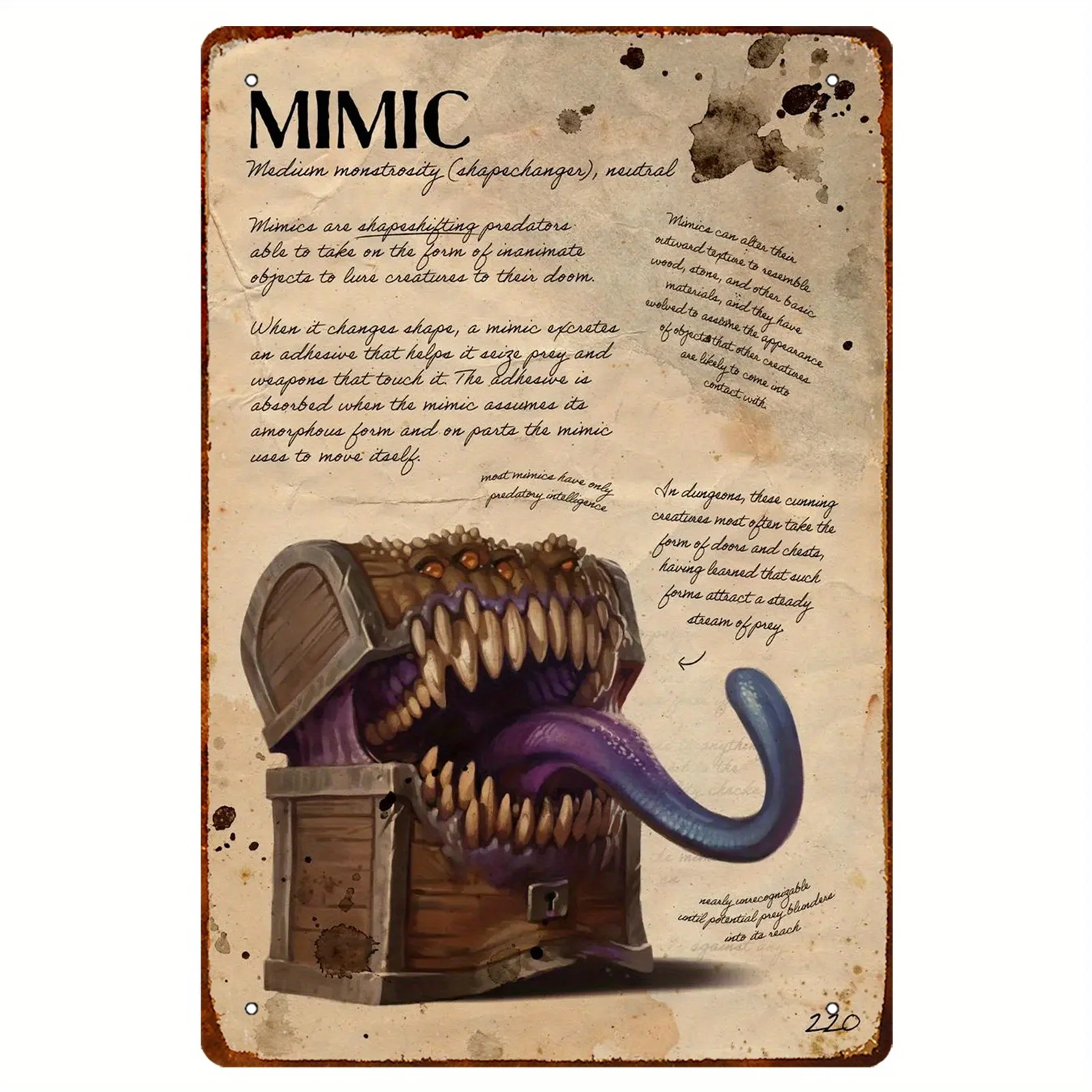 Vintage Mimic Metal Sign Art -  Weather-Resistant Iron Wall Decor with Pre-Drilled Holes, Fantasy Game-Inspired Dungeon & RPG Ro