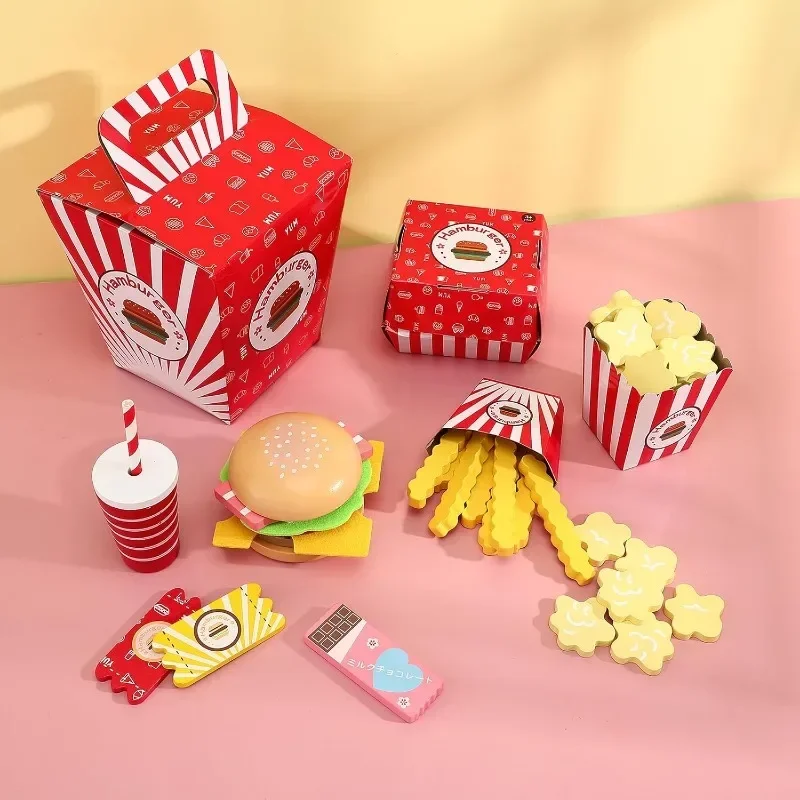 

Деревянный обеденный набор для фаст-фуда, игрушка для детей, ролевая кухня, игра, классическая американская еда, реалистичный набор еды, гамбургер, картофель фри, кола