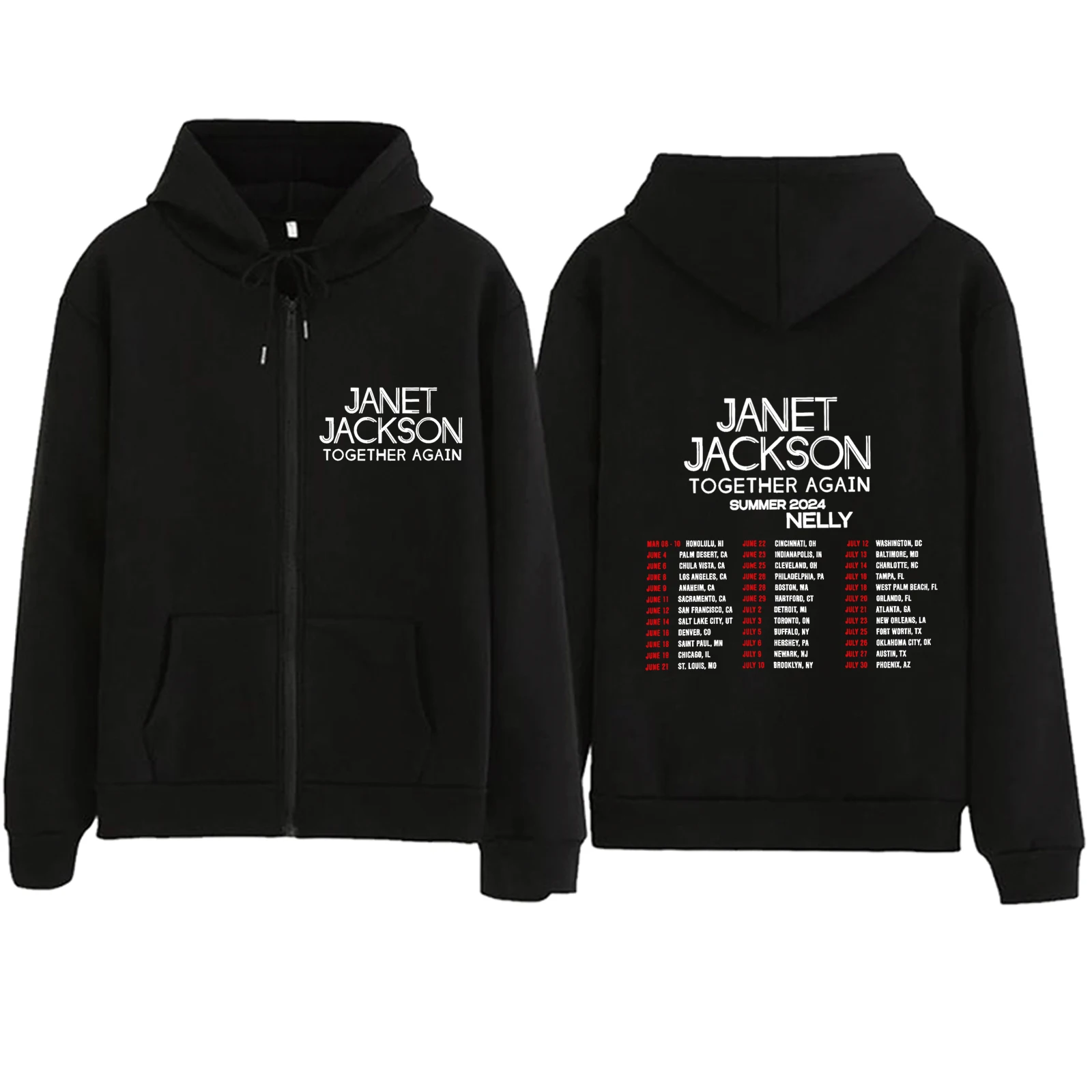 Janet Jackson Together Again Tour 2024 Zipper Hoodie Harajuku Pullover Tops Music Fans Gift V-Neck Sweatshirts Streetwear