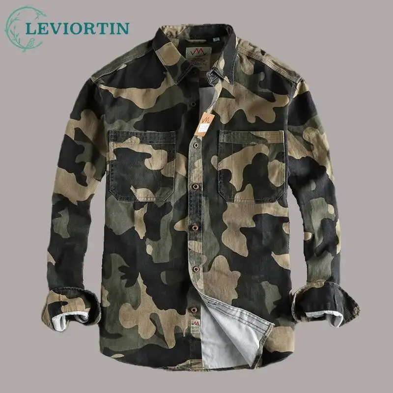 

Мужская рабочая одежда в стиле ретро и модный карман, повседневная молодежная рубашка, стираная и ношенная саржевая хлопковая рубашка с длинными рукавами.