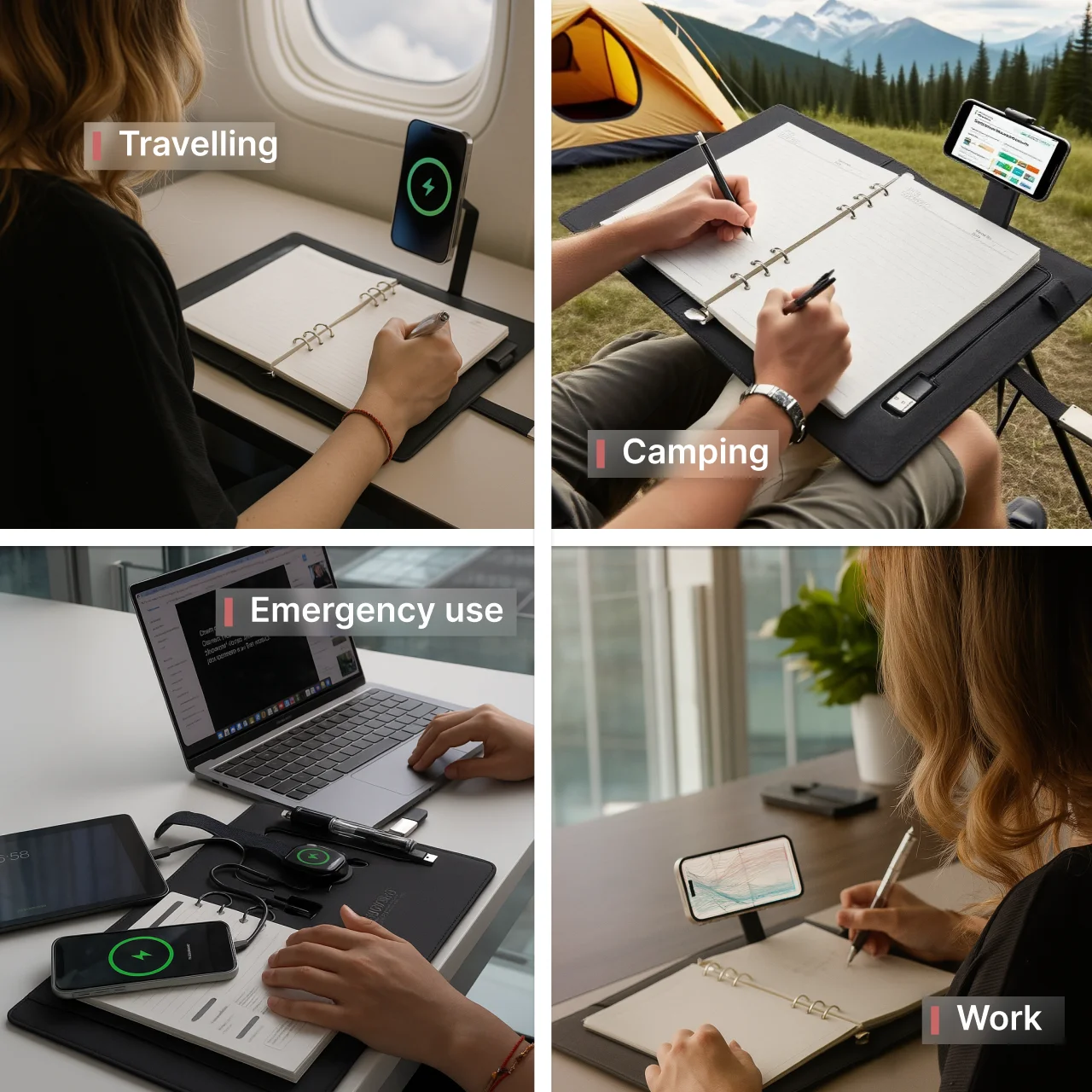 دفتر ملاحظات A5 مزود بنك طاقة، شحن لاسلكي، كابل شحن، محرك أقراص USB، حامل هاتف مغناطيسي متعدد الوظائف للمكتب