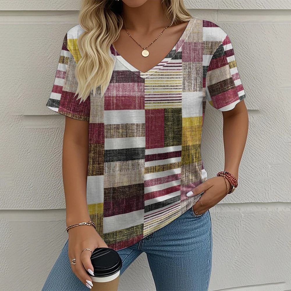 T-shirt da donna vintage estiva T-shirt casual con motivo scozzese stampato Abbigliamento da esterno con scollo a V manica corta Top T-shirt da strada alla moda